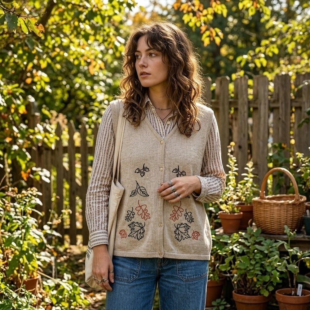 NEW Sweater Vest Womens XL Beige Embroidered Leaf Autumn Cottagecore Fall Indie